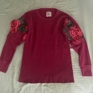 LF Emma & Sam Rose Embroidered Decal Red Waffle Knit Thermal Long Sleeve Shirt